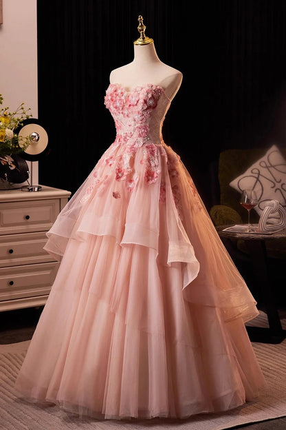 Pink Flower Fairy Long Prom Dress Pink Strapless A-Line Evening Dress