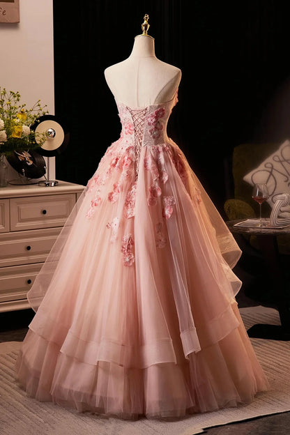 Pink Flower Fairy Long Prom Dress Pink Strapless A-Line Evening Dress