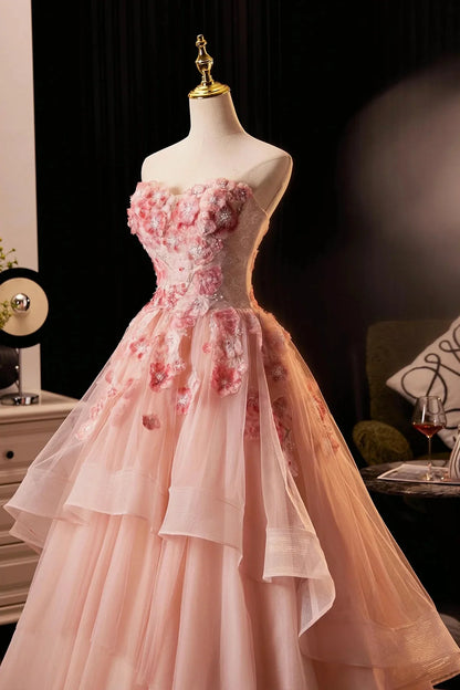 Pink Flower Fairy Long Prom Dress Pink Strapless A-Line Evening Dress