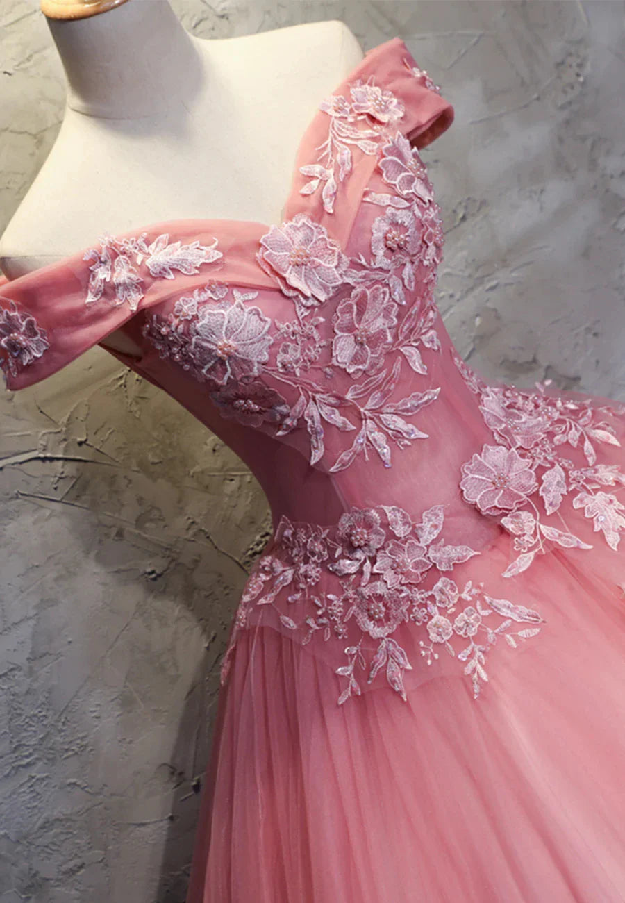 Pink Lace Long Prom Dresses A-Line Off the Shoulder Evening Dresses