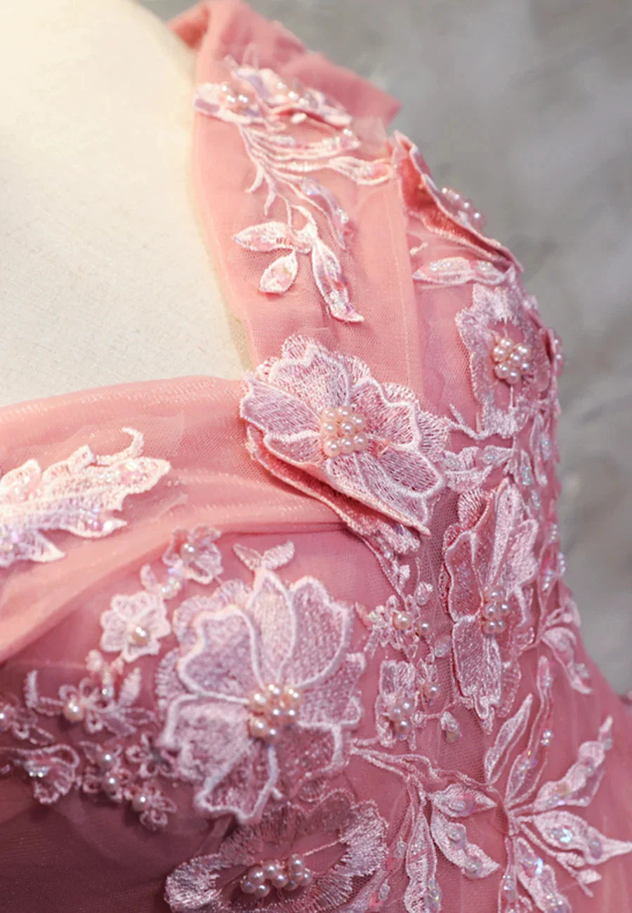 Pink Lace Long Prom Dresses A-Line Off the Shoulder Evening Dresses