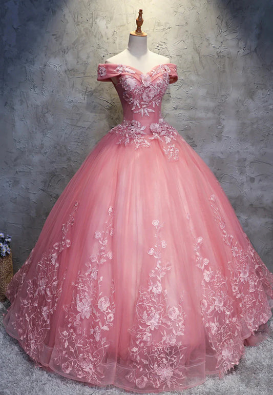 Pink Lace Long Prom Dresses A-Line Off the Shoulder Evening Dresses