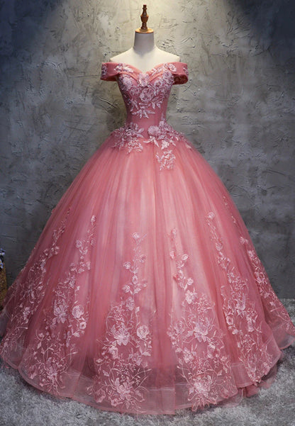 Pink Lace Long Prom Dresses A-Line Off the Shoulder Evening Dresses