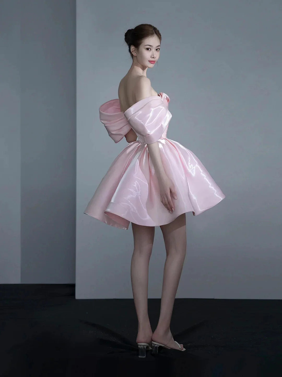 Pink Satin Knee Length Prom Dress Lovely A-Line Off the Shoulder Party Dress