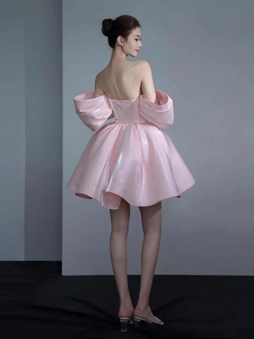 Pink Satin Knee Length Prom Dress Lovely A-Line Off the Shoulder Party Dress