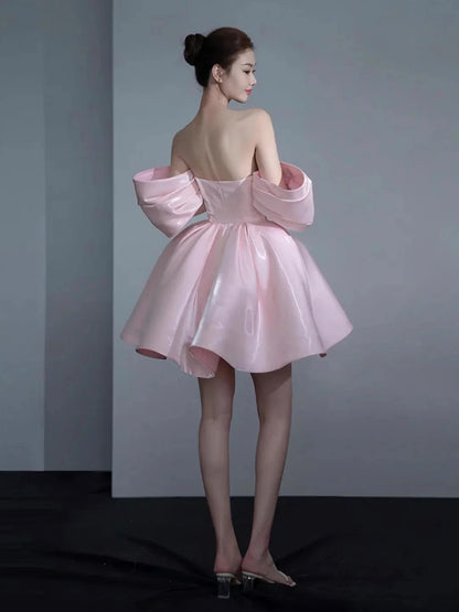 Pink Satin Knee Length Prom Dress Lovely A-Line Off the Shoulder Party Dress