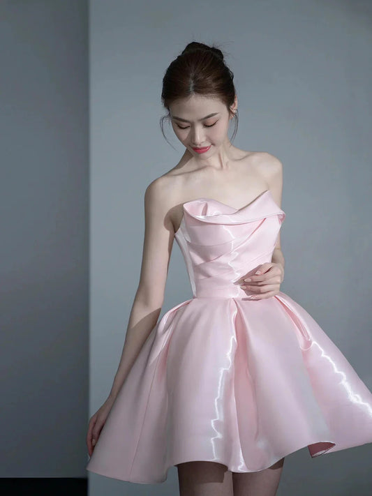 Pink Satin Knee Length Prom Dress Lovely A-Line Off the Shoulder Party Dress