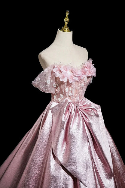 Pink Satin Lace Long Prom Dress Beautiful A-Line Evening Party Dress