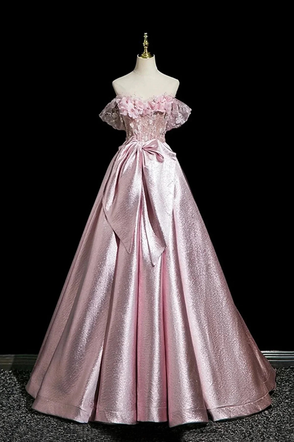 Pink Satin Lace Long Prom Dress Beautiful A-Line Evening Party Dress