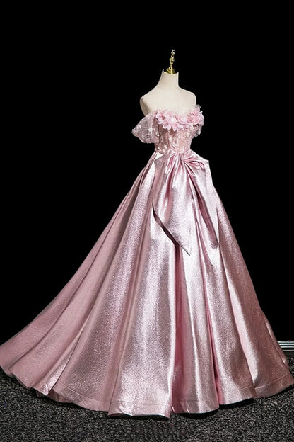 Pink Satin Lace Long Prom Dress Beautiful A-Line Evening Party Dress