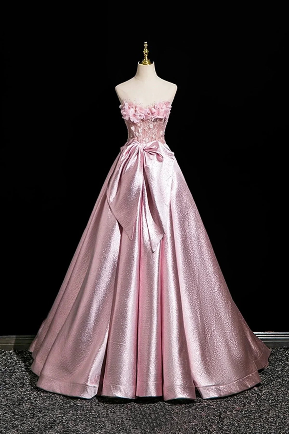 Pink Satin Lace Long Prom Dress Beautiful A-Line Evening Party Dress