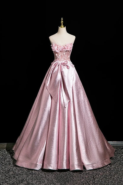 Pink Satin Lace Long Prom Dress Beautiful A-Line Evening Party Dress