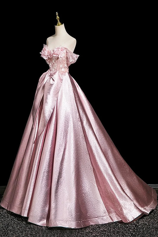 Pink Satin Lace Long Prom Dress Beautiful A-Line Evening Party Dress