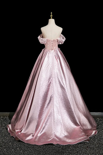 Pink Satin Lace Long Prom Dress Beautiful A-Line Evening Party Dress