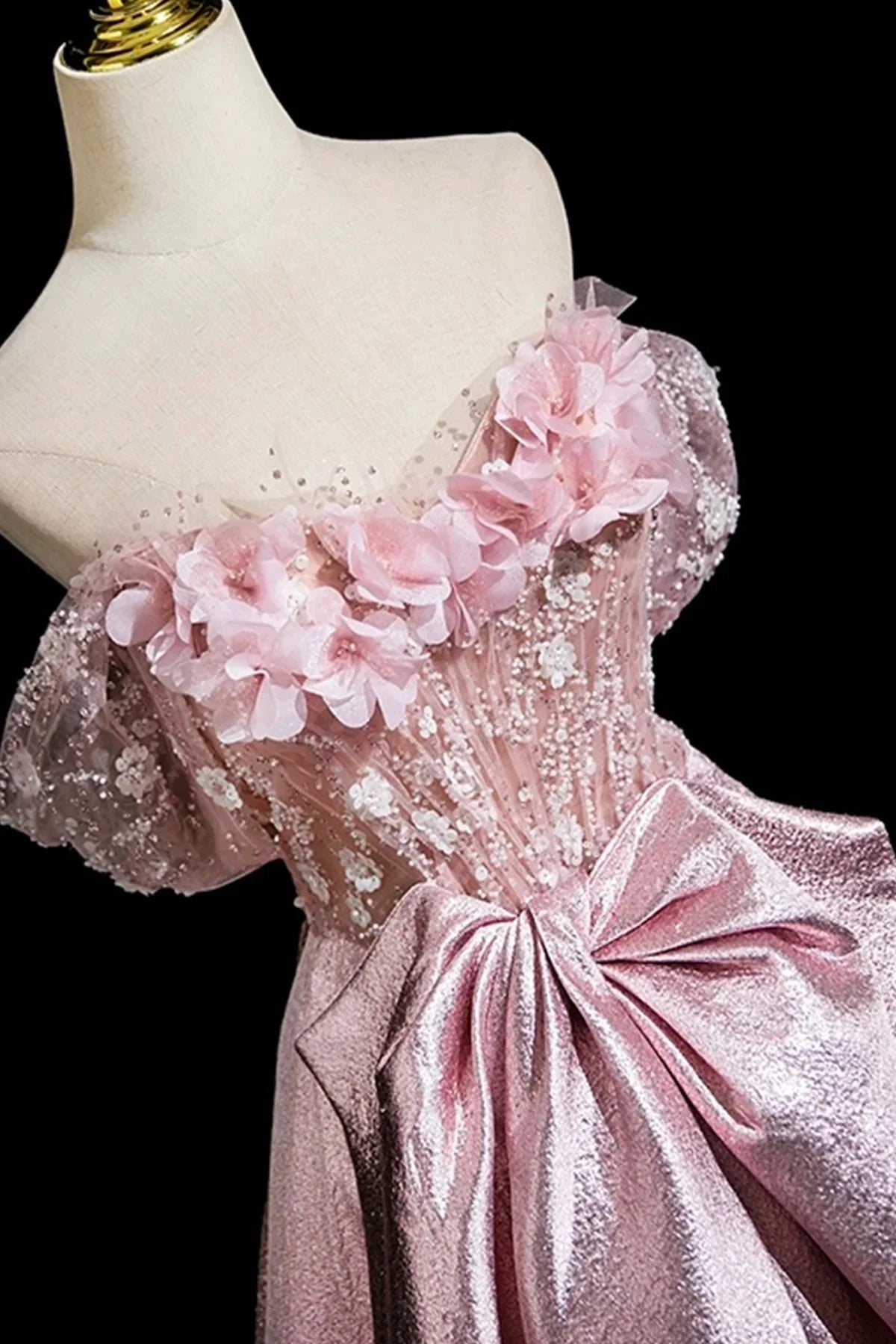Pink Satin Lace Long Prom Dress Beautiful A-Line Evening Party Dress