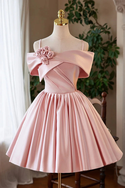 Pink Satin Short Prom Dress Lovely A-Line Off the Shoulder Party Homecoming Dress