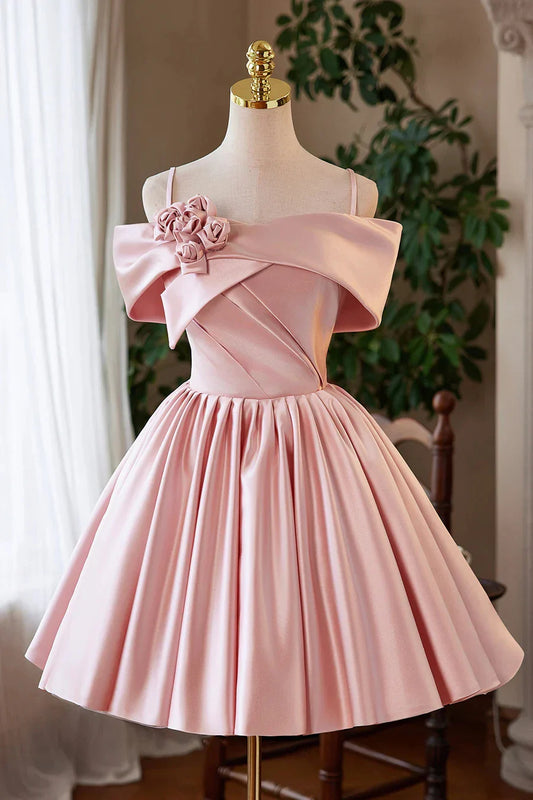 Pink Satin Short Prom Dress Lovely A-Line Off the Shoulder Party Homecoming Dress