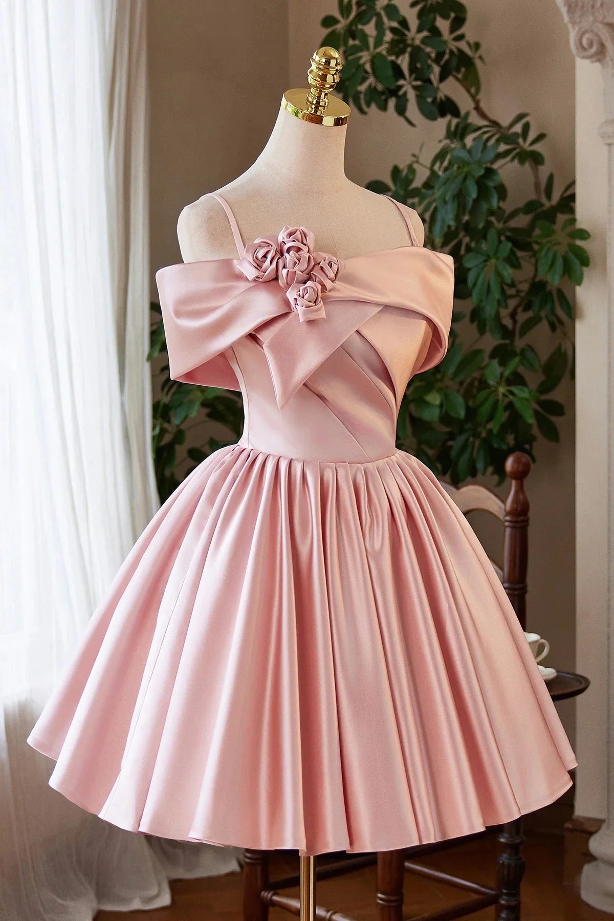 Pink Satin Short Prom Dress Lovely A-Line Off the Shoulder Party Homecoming Dress
