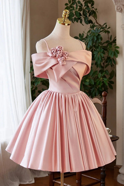 Pink Satin Short Prom Dress Lovely A-Line Off the Shoulder Party Homecoming Dress