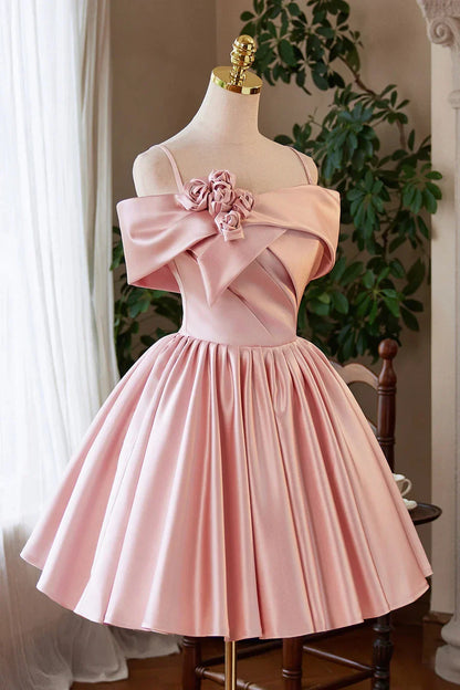 Pink Satin Short Prom Dress Lovely A-Line Off the Shoulder Party Homecoming Dress