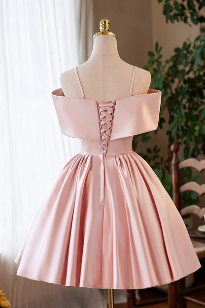 Pink Satin Short Prom Dress Lovely A-Line Off the Shoulder Party Homecoming Dress
