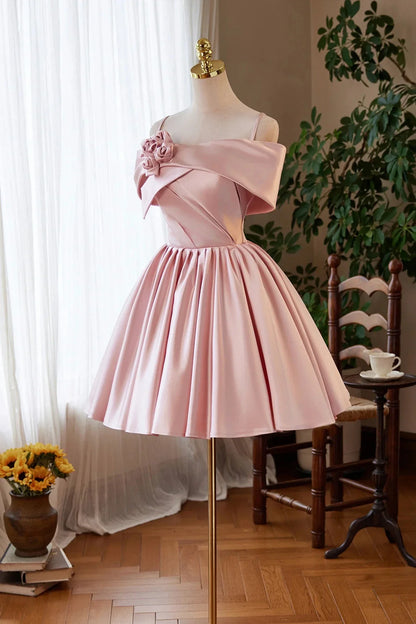 Pink Satin Short Prom Dress Lovely A-Line Off the Shoulder Party Homecoming Dress