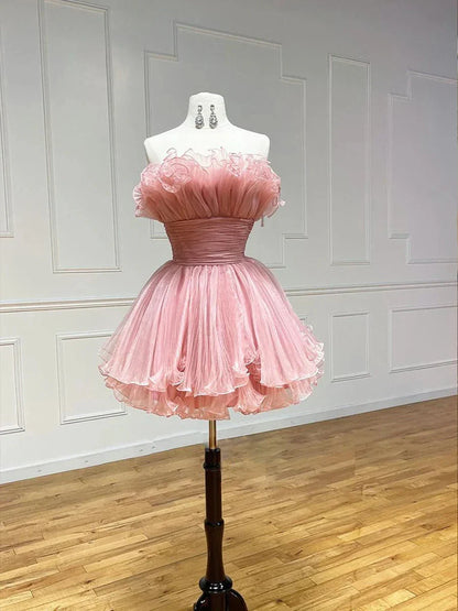 Pink Strapless Tulle Short Prom Dress Cute A-Line Homecoming Dress