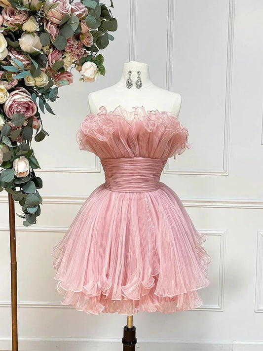 Pink Strapless Tulle Short Prom Dress Cute A-Line Homecoming Dress