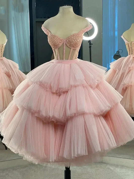 Pink Tea Length Tulle Beaded Party Dress Charming A-line Evening Graduation Dress