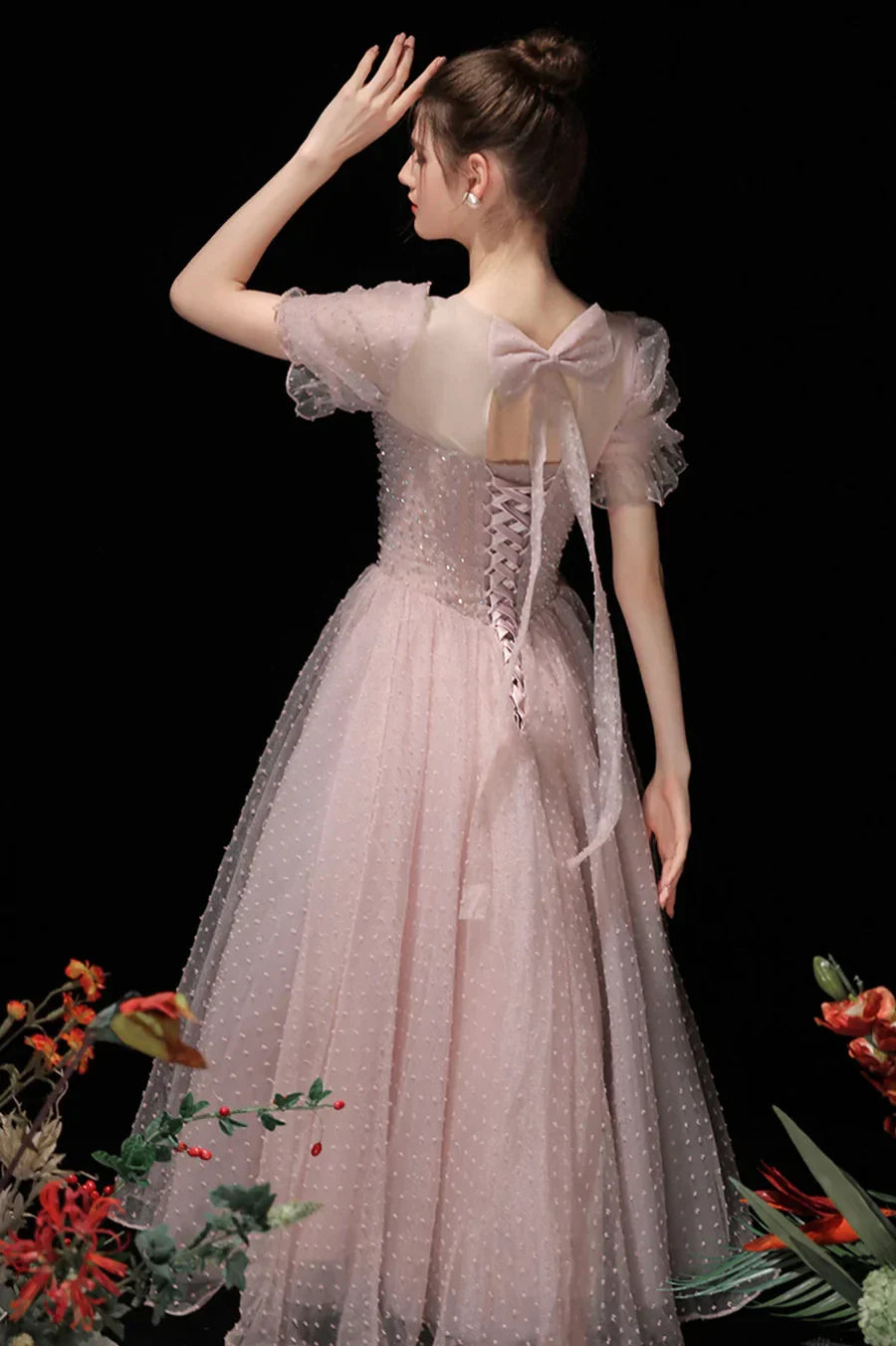 Pink Tulle Beading Tea Length Prom Dresses A-Line Homecoming Dresses