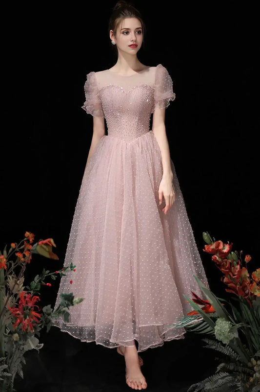 Pink Tulle Beading Tea Length Prom Dresses A-Line Homecoming Dresses