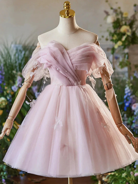 Pink Tulle Knee Length A-Line Party Dress Lovely Off the Shoulder Prom Dress