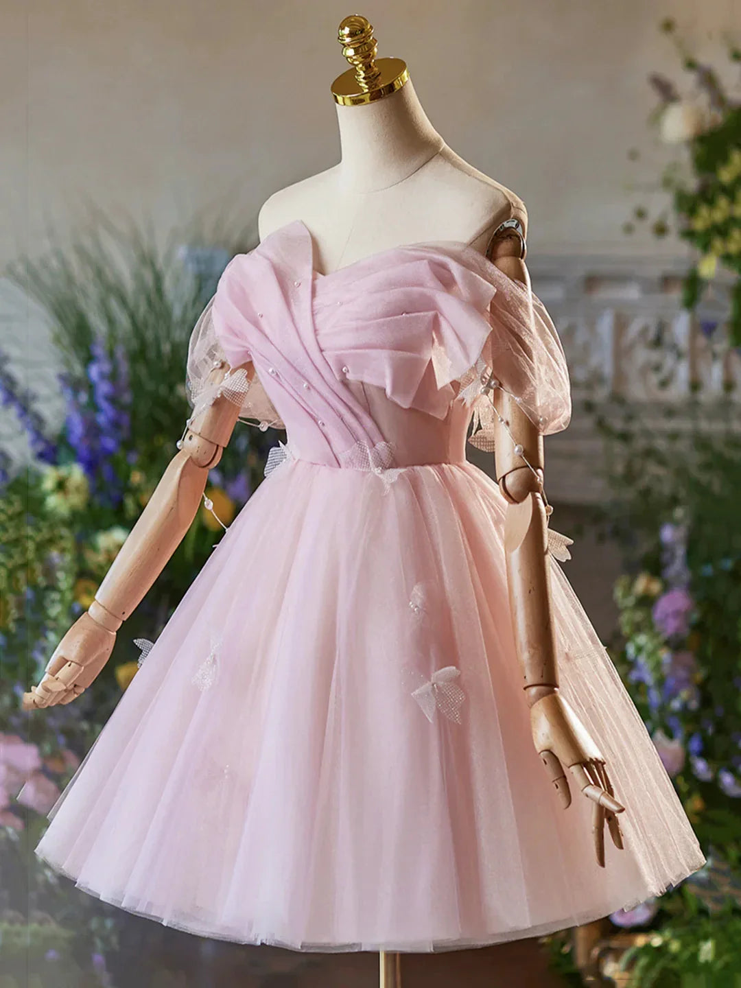 Pink Tulle Knee Length A-Line Party Dress Lovely Off the Shoulder Prom Dress