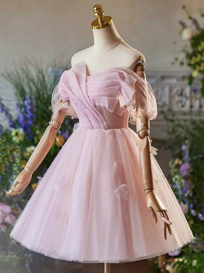 Pink Tulle Knee Length A-Line Party Dress Lovely Off the Shoulder Prom Dress