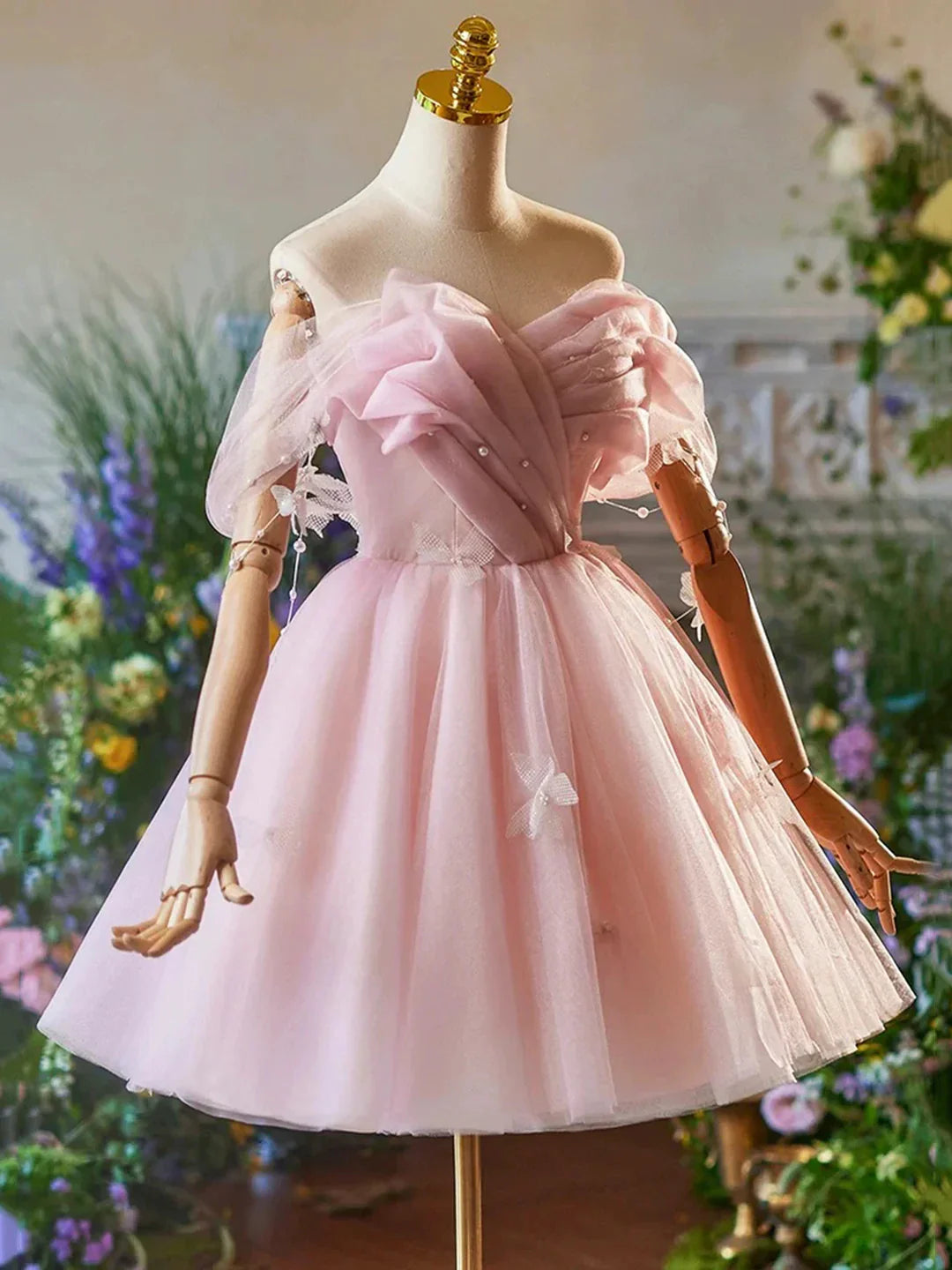 Pink Tulle Knee Length A-Line Party Dress Lovely Off the Shoulder Prom Dress