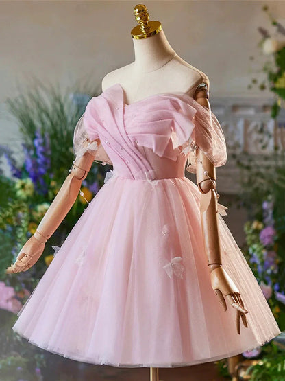 Pink Tulle Knee Length A-Line Party Dress Lovely Off the Shoulder Prom Dress