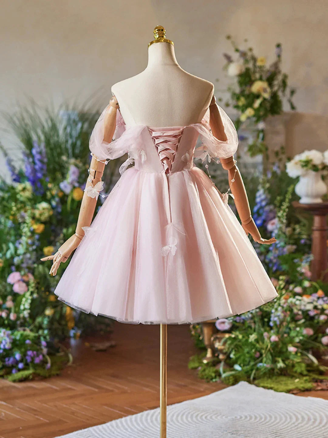 Pink Tulle Knee Length A-Line Party Dress Lovely Off the Shoulder Prom Dress