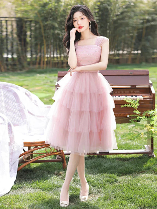 Pink Tulle Knee Length Party Dress Pink A-Line Evening Homecoming Dress