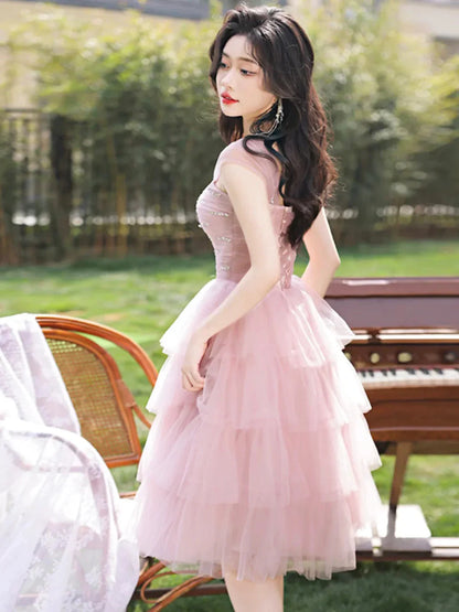 Pink Tulle Knee Length Party Dress Pink A-Line Evening Homecoming Dress