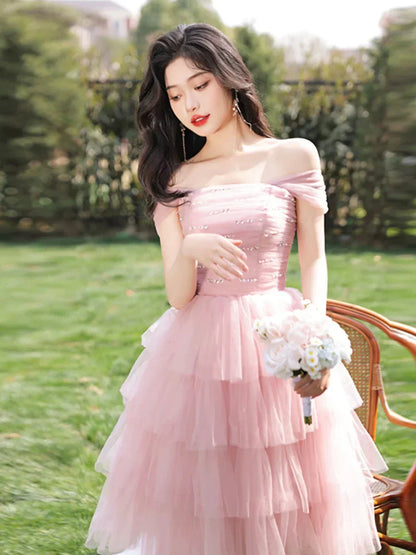 Pink Tulle Knee Length Party Dress Pink A-Line Evening Homecoming Dress