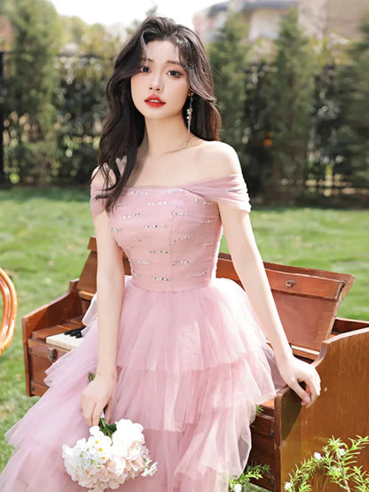 Pink Tulle Knee Length Party Dress Pink A-Line Evening Homecoming Dress