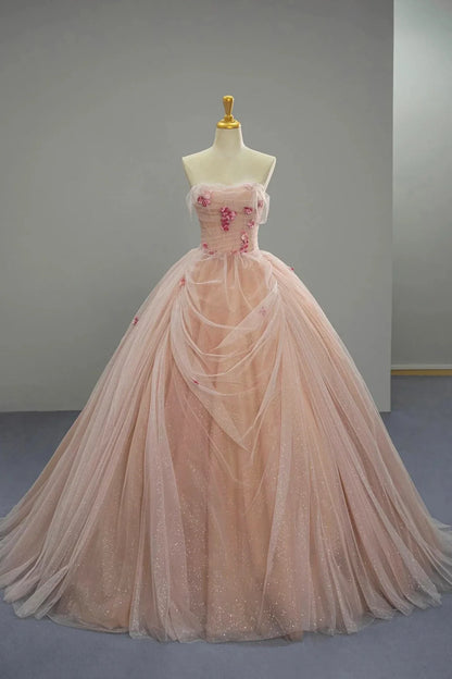 Pink Tulle Long Prom Dress Elegant A-Line Strapless Evening Formal Dress
