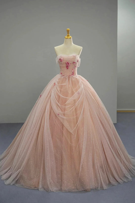 Pink Tulle Long Prom Dress Elegant A-Line Strapless Evening Formal Dress