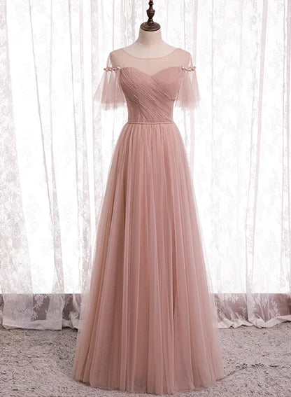 Pink Tulle Long Prom Dresses A-Line Evening Party Dresses