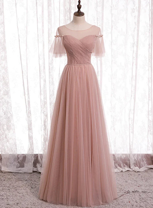 Pink Tulle Long Prom Dresses A-Line Evening Party Dresses