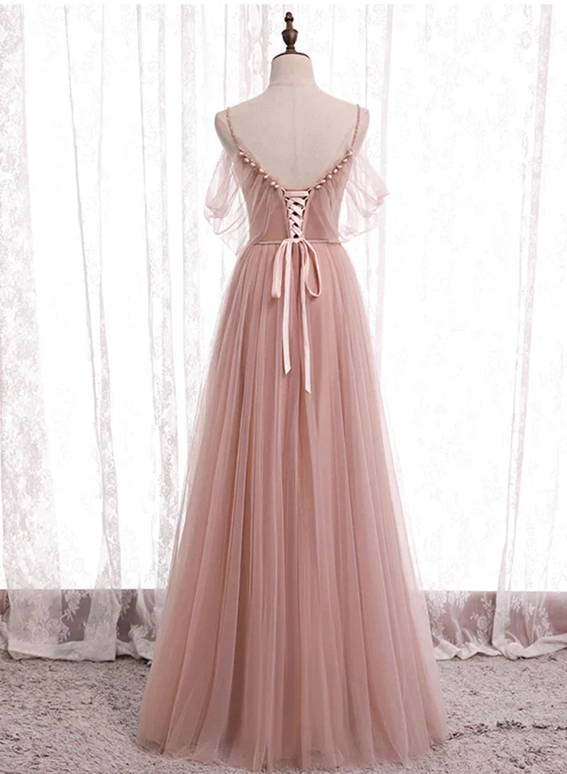 Pink Tulle Long Prom Dresses A-Line Evening Party Dresses