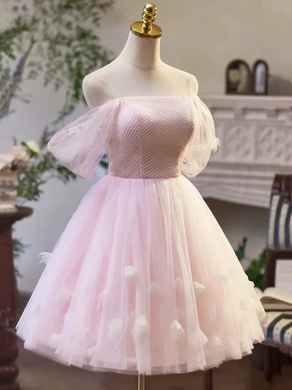 Pink Tulle Off the Shoulder Party Dress A-Line Knee Length Evening Dress