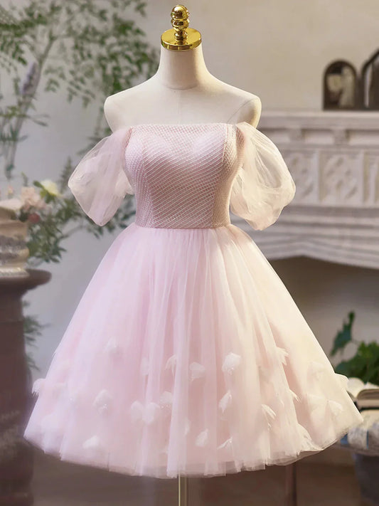 Pink Tulle Off the Shoulder Party Dress A-Line Knee Length Evening Dress