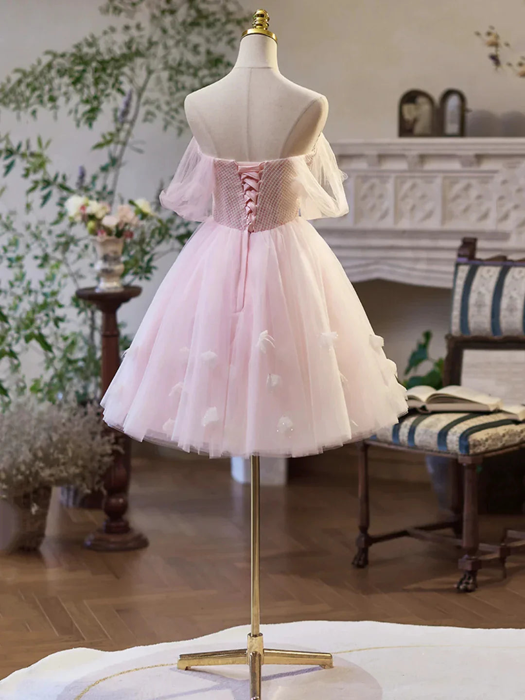 Pink Tulle Off the Shoulder Party Dress A-Line Knee Length Evening Dress