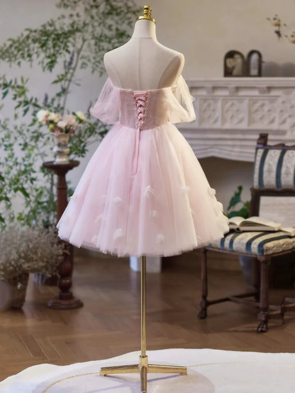Pink Tulle Off the Shoulder Party Dress A-Line Knee Length Evening Dress
